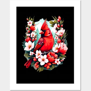 Cute Northern Cardinal Surrounded by Vibrant Spring Flowers Posters and Art